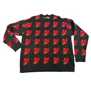 H&M Divided Black Red Wolf Head Pullover Jacquard Knit Sweater Large